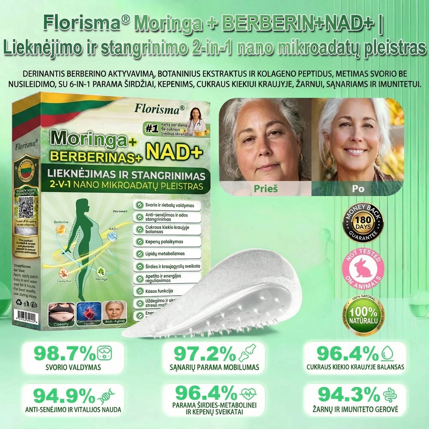 Grynieji pinigai pristatymo metu [70% nuolaida] Florisma® 👩‍⚕️ Moringa + BERBERINAS + NAD+ Liekninantis ir Stangrinantis 10-in-1 Nano Mikroadatinis Pleistras. 🏆